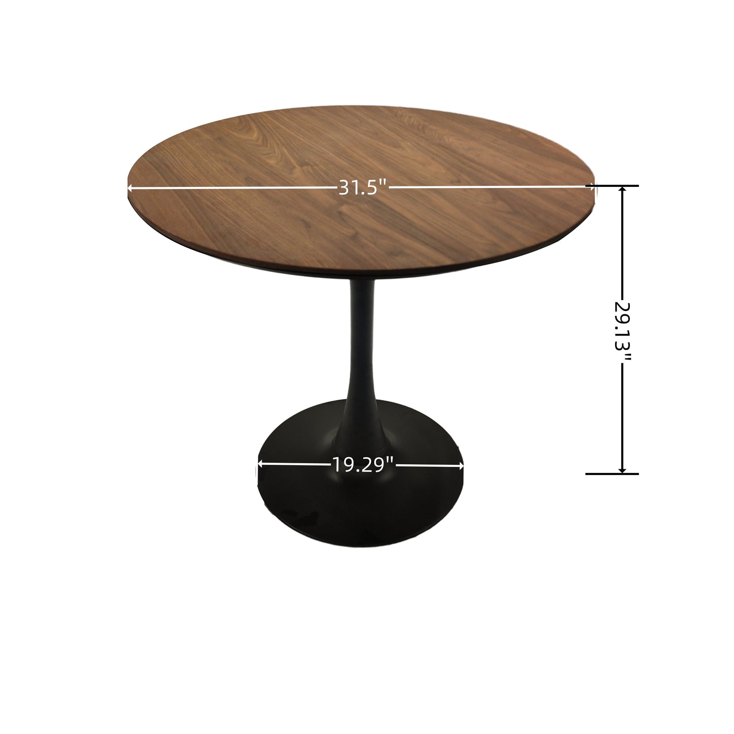 31.5" Walnut color Round Dining Table, Tulip Table Kitchen Dining Table 2-4 People with MDF Table Top and Black metal Pedestal Base and Brown dining chair 4-piece set for black metal legs