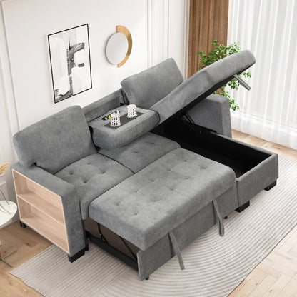 Stylish and Functional Light Chaise Lounge Sectional with Storage Rack Pull-out Bed Drop Down Table  and USB Charger Gray