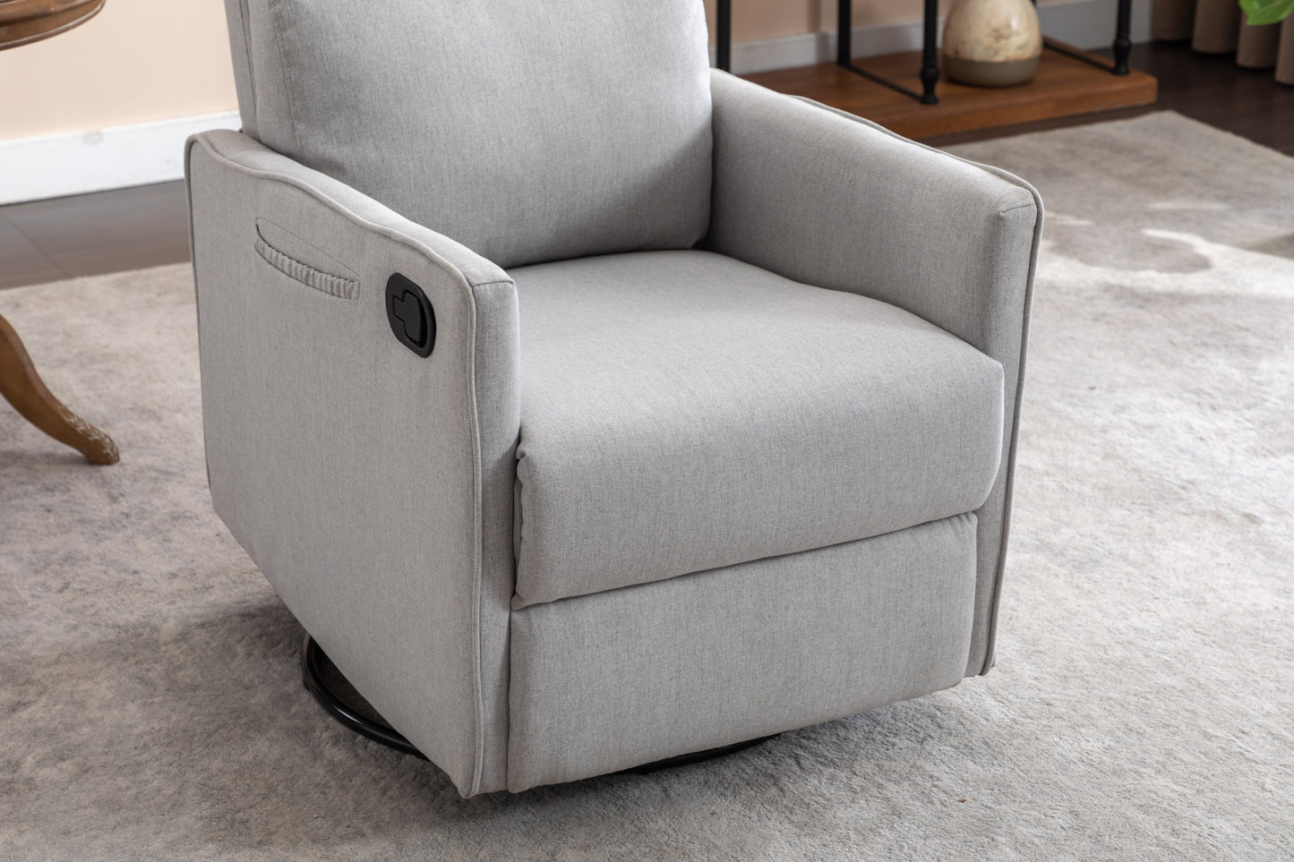 038-Cotton Linen Fabric Swivel Rocking Chair Glider Rocker Recliner Nursery Chair With Adjustable Back And Footrest For Living Room Indoor,Light Gray