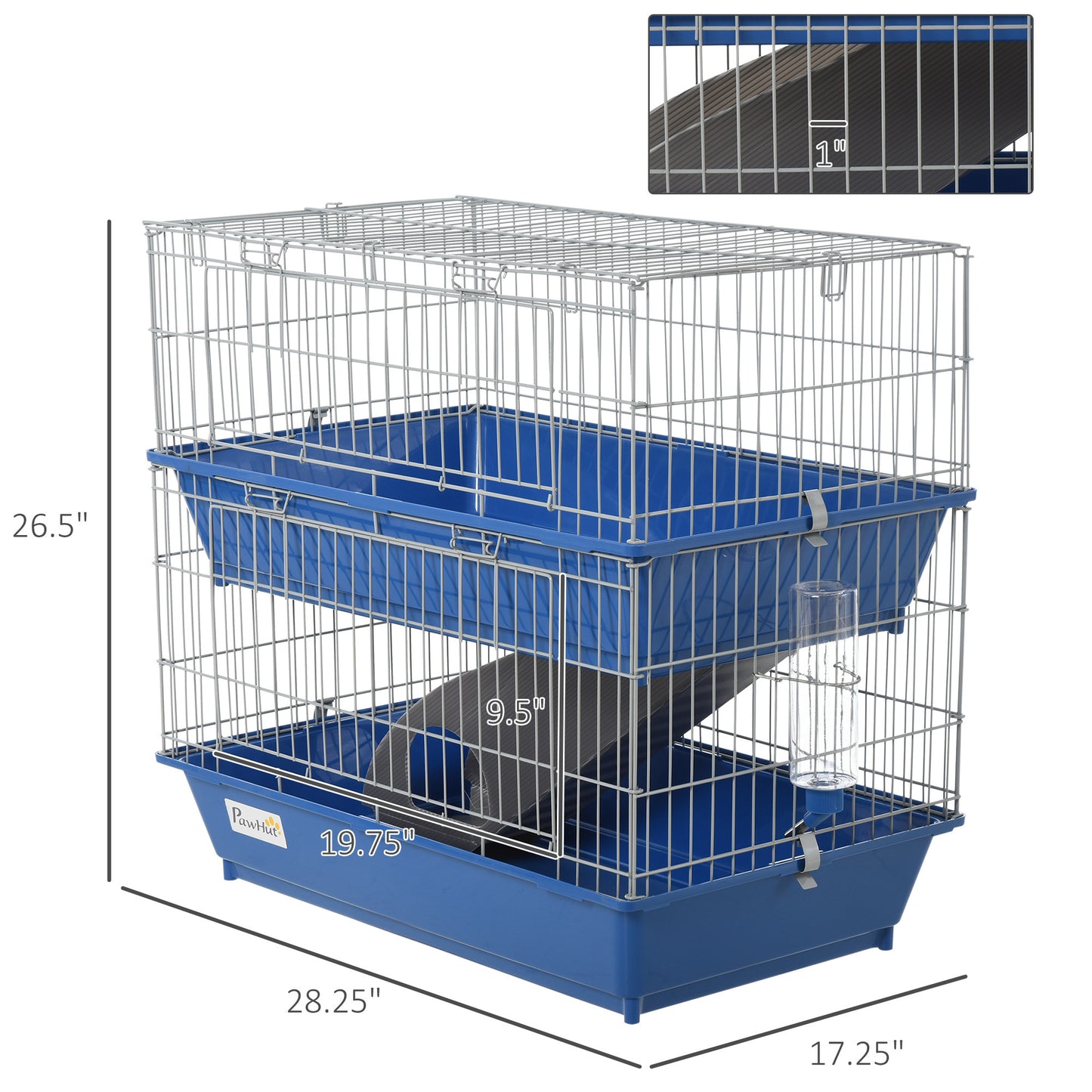 PawHut 2-Tier Guinea Pig Cage, Ferret Cage, Chinchilla Cage, Small Animal Cage Indoor with Dish and Bottle, 2 Doors, Deep Bottoms, Ramp, 28", Blue