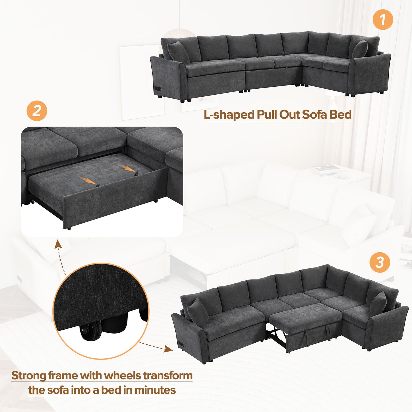 124.8"L-shaped Sofa Convertible Sofa Bed Pull Out Sofa Sleeper with Two Back Pillows, Two USB Ports and Two Power Sockets for Living Room, Gray (Old SKU:SG000890AAE)