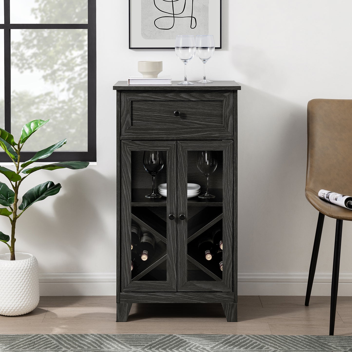 Classic Glass-Door Bar Cabinet with Bottle Storage – Graphite