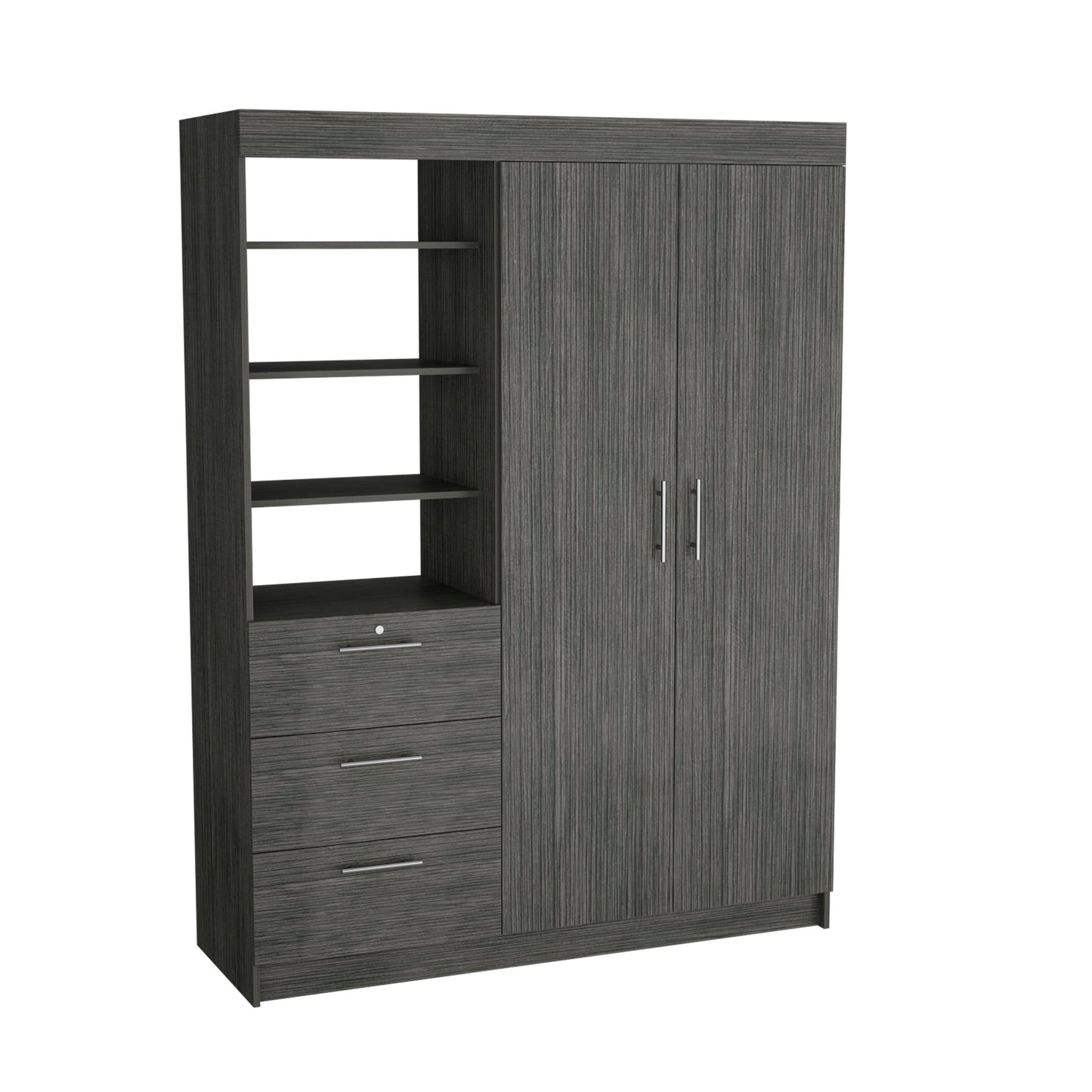 Kenya Armoire with Double Door, Three Drawers, 3-Tier Shelf and double hanging Rod Smokey Oak