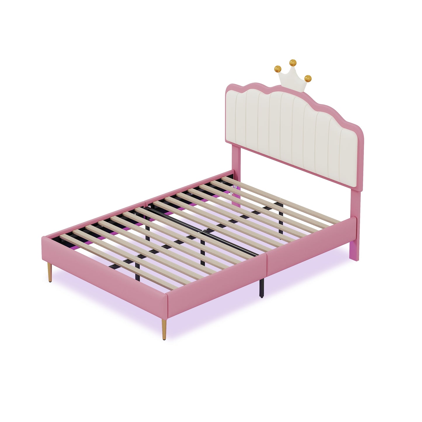 Twin size Upholstered Princess Bed With Crown Headboard, Platform Bed with  with Light Strips,Golden Metal Legs, White+Pink