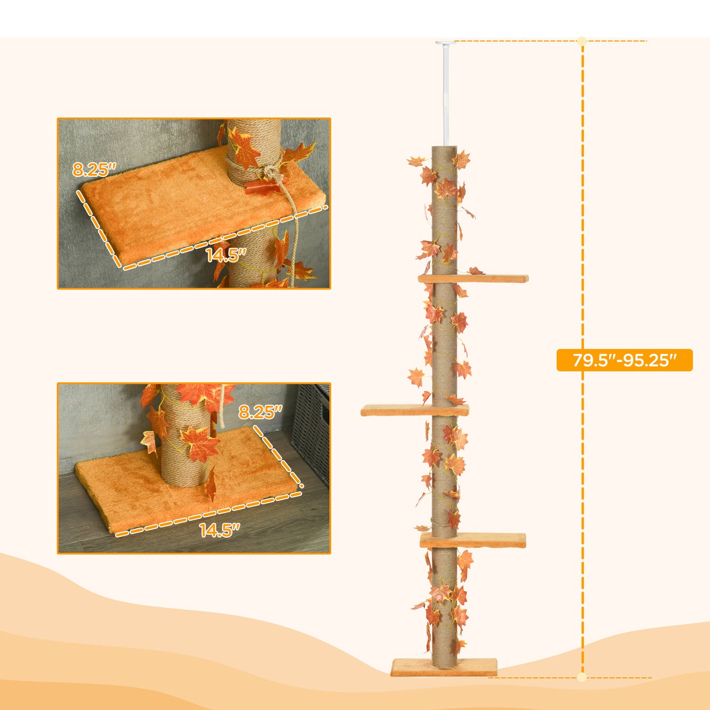 Pawhut Floor to Ceiling Cat Tree, 80" - 95" Adjustable Tall Cat Tower, 3-Level Cat Climbing Towe  for Indoor Cats with Sisal Scratching Post, Platforms, Leaves, Orange