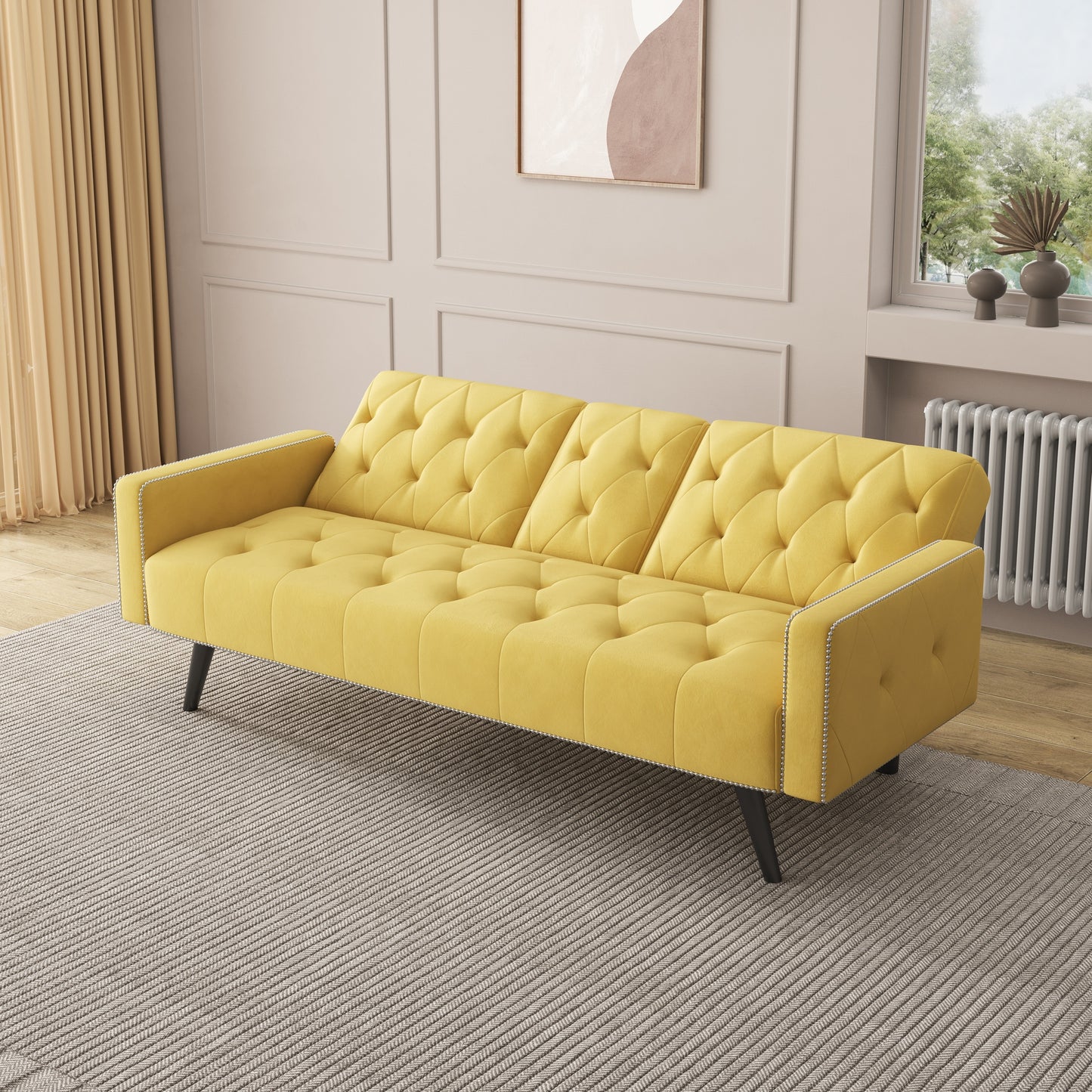 Compact Yellow Velvet Sofa Bed with Nailhead Trim Armrests & Dual Cup Holders - Perfect for Small Spaces, 72-Inch Length