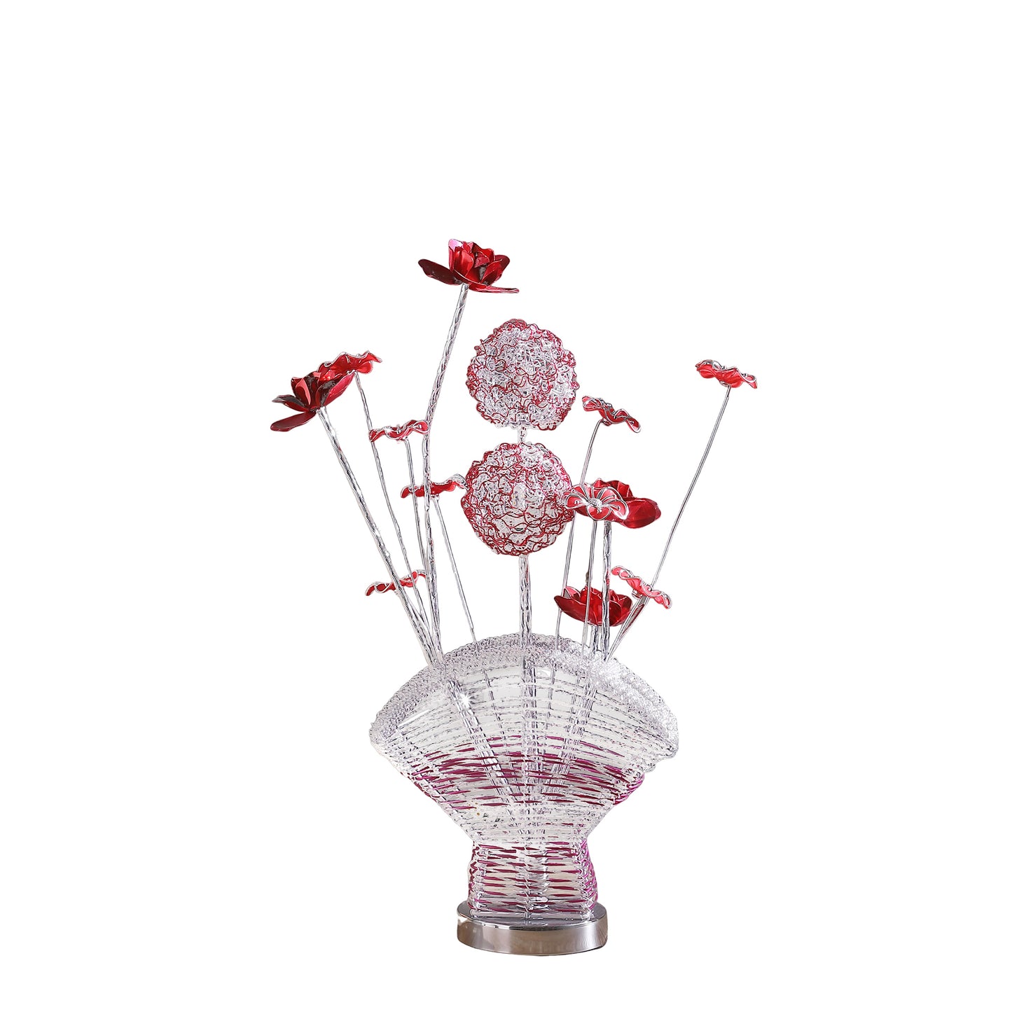 Aluminum 4 Red Roses 6 Petal Floral 2 Red/Silver Flower Bud on A Fan Aluminum Vase Table Lamp for Living Room, Nightstand Bedside Table Lamp for Bedroom, LED Lamp