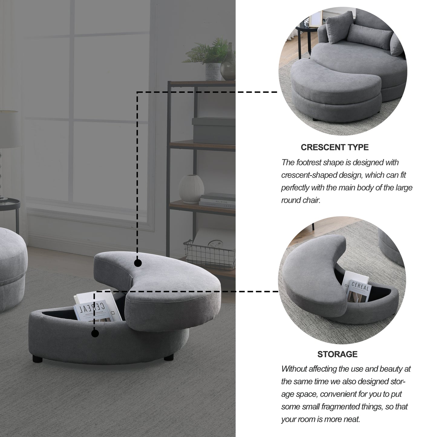 Welike Swivel Accent Barrel Modern Dark Grey Sofa Lounge Club Big Round Chair with Storage Ottoman Linen Fabric for Living Room Hotel with Pillows,2PCS.