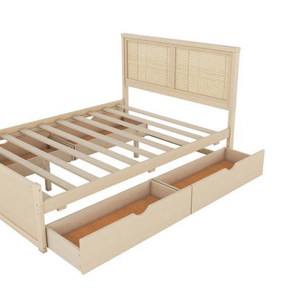 Queen Size Wood Storage Platform Bed with 4 Drawers, Rattan Headboard, Nature