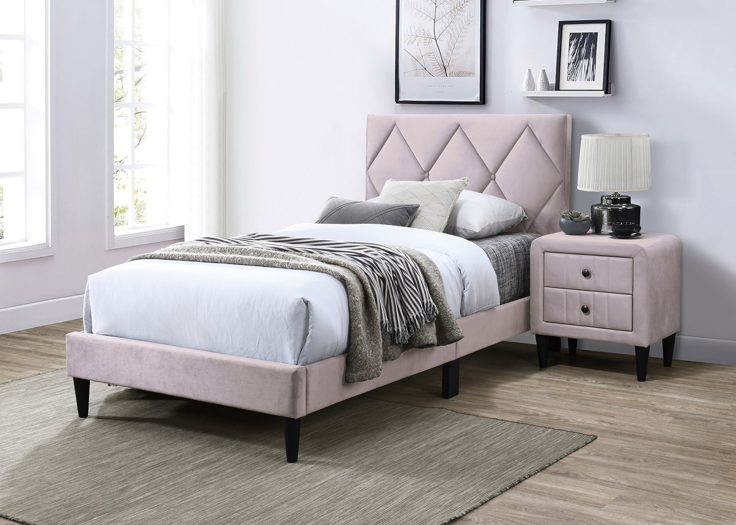 Twin Size Bed w Adjustable Headboard 1pc Bedframe, Light Pink Velvet Upholstered Youth Bedroom Furniture