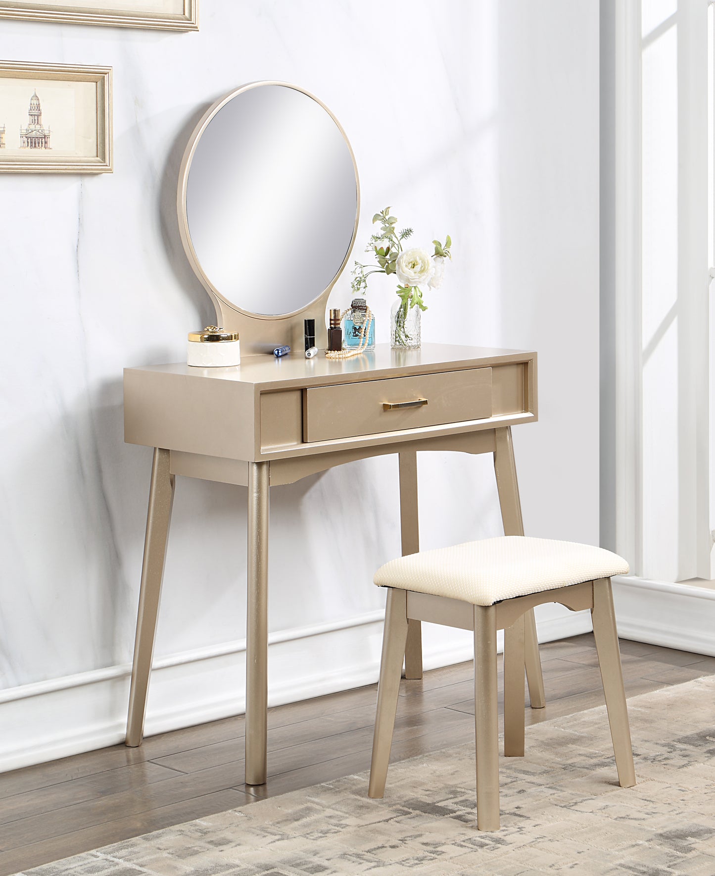 Maly Contemporary Wood Vanity and Stool Set, Gold