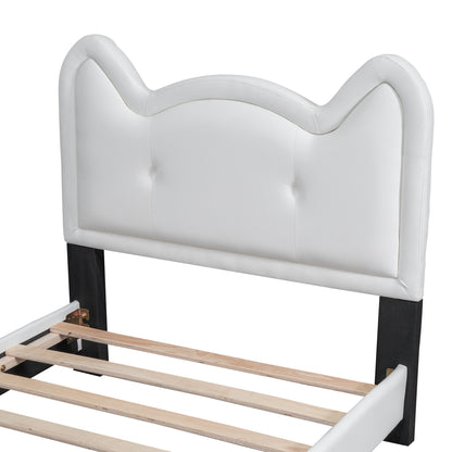 Twin Size Upholstered Platform Bed with Carton Ears Shaped Headboard, White