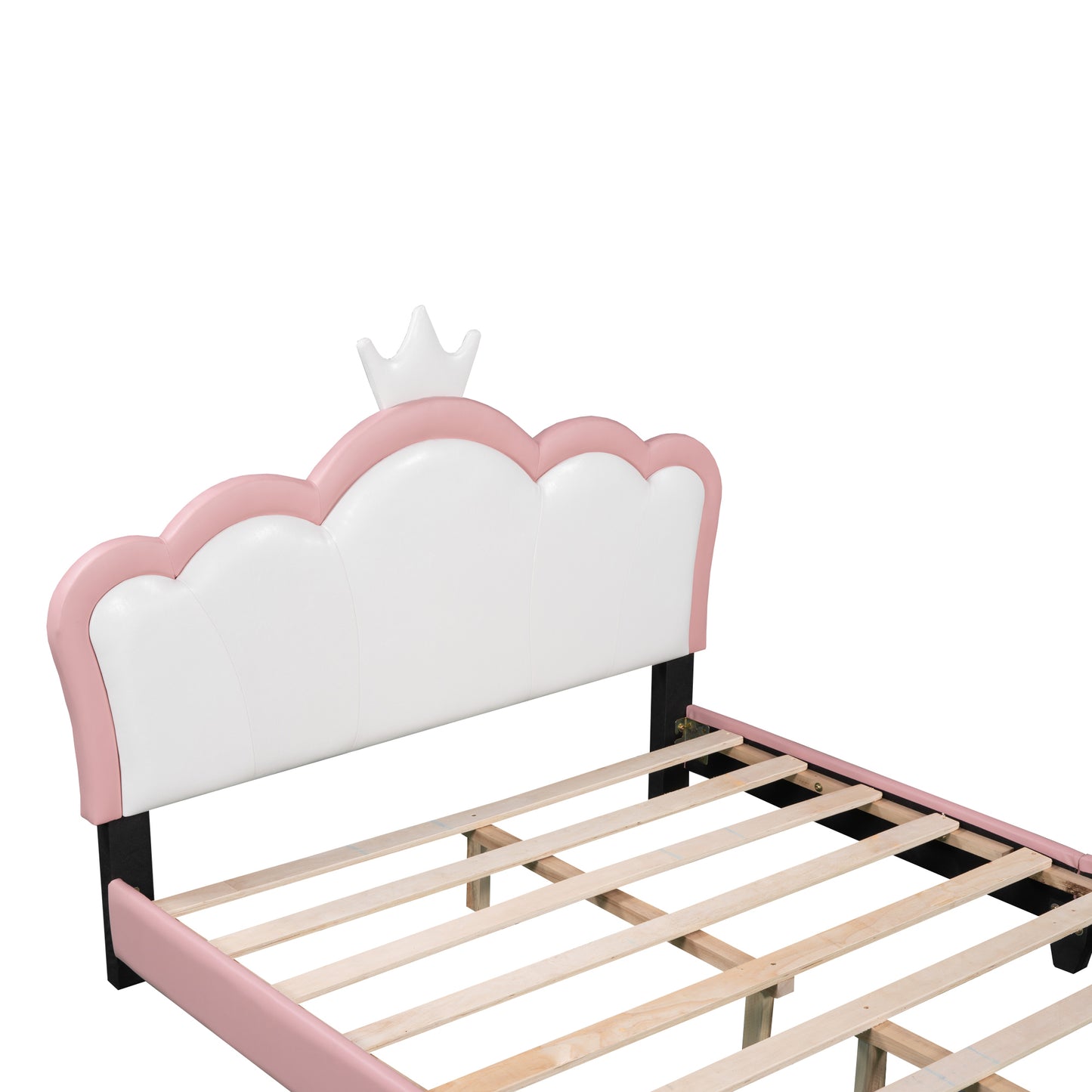 Full size Upholstered Princess Bed With Crown Headboard,Full Size Platform Bed with Headboard and Footboard, White+Pink