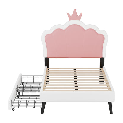 Twin Size Upholstered Princess Bed With Crown Headboard and 2 Drawers,Twin  Size Platform Bed with Headboard and Footboard, Pink+White