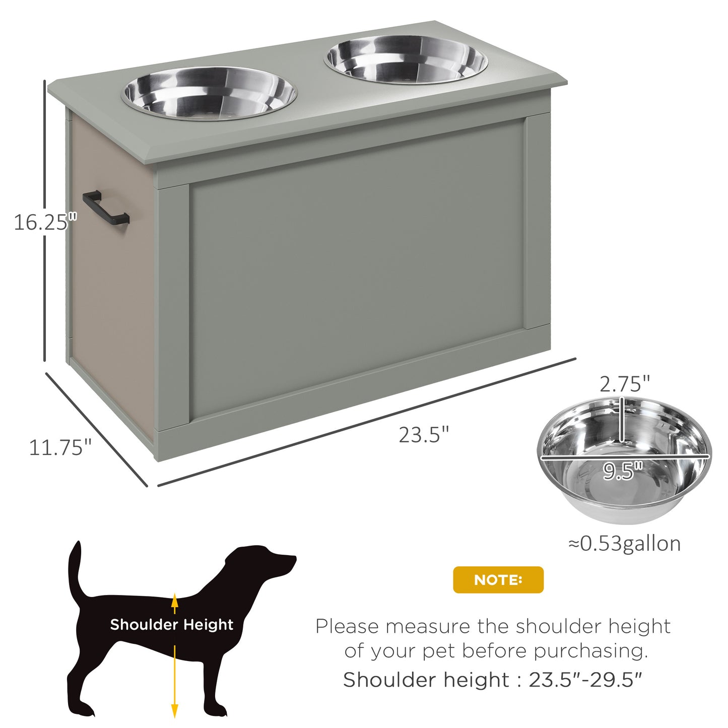 PawHut Raised Pet Feeding Storage Station with 2 Stainless Steel Bowls Base for Large Dogs and Other Large Pets, Gray