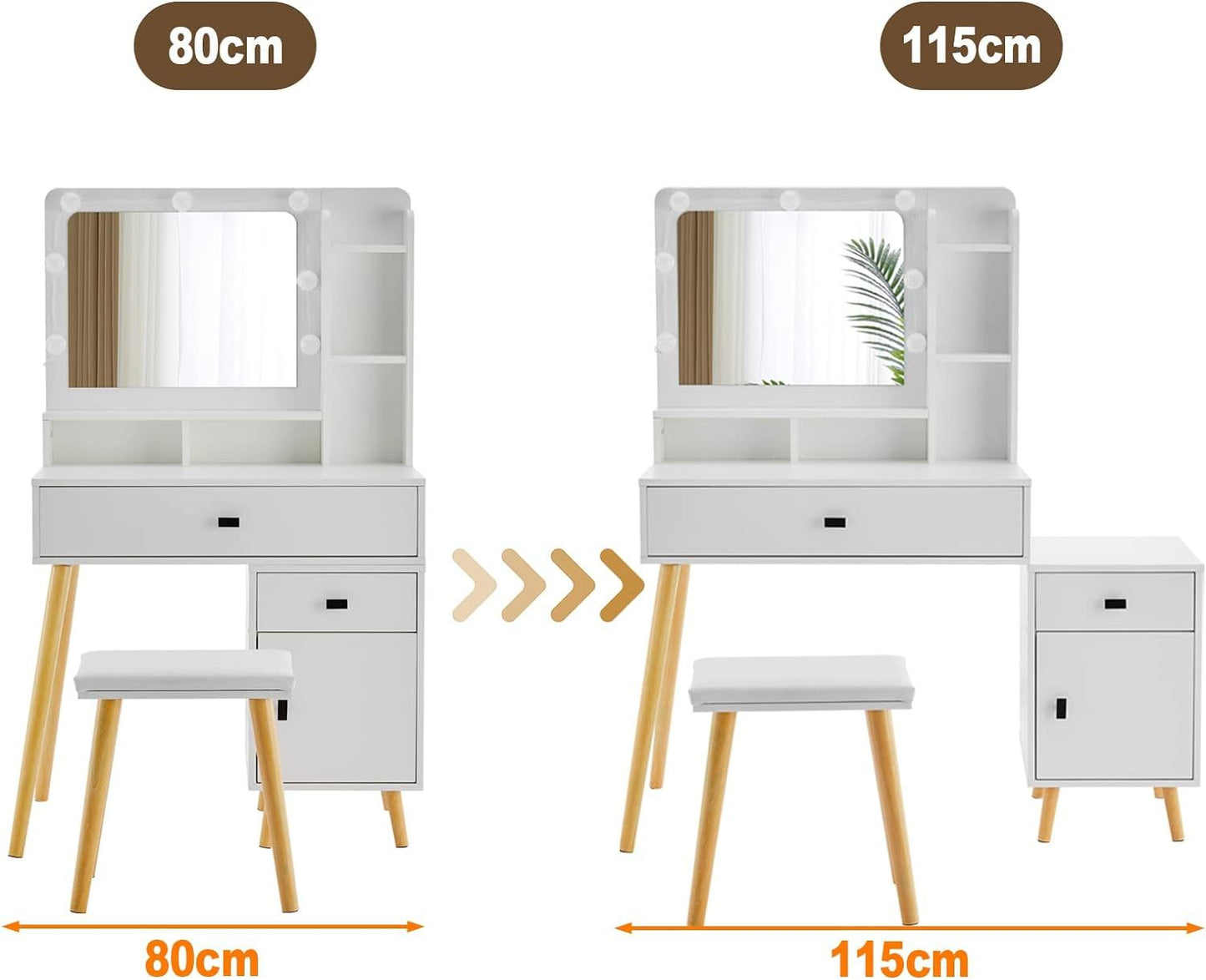 Dressing Table with Hollywood LED Mirror, Light Adjustable Brightness, Dressing Table, Padded Stool Set, White, Wooden Cosmetic Table with Drawer and Storage Cabinet