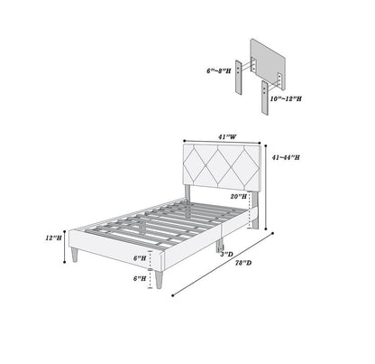 Twin Size Bed w Adjustable Headboard 1pc Bedframe, Navy Blue Velvet Upholstered Youth Bedroom Furniture