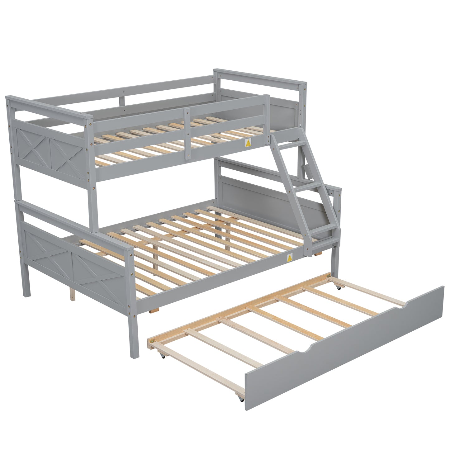 Gray Twin Over Full Bunk Bed with Ladder and Twin Trundle, Pine Wood Frame, 79.3''L x 57.1''W x 61.3''H