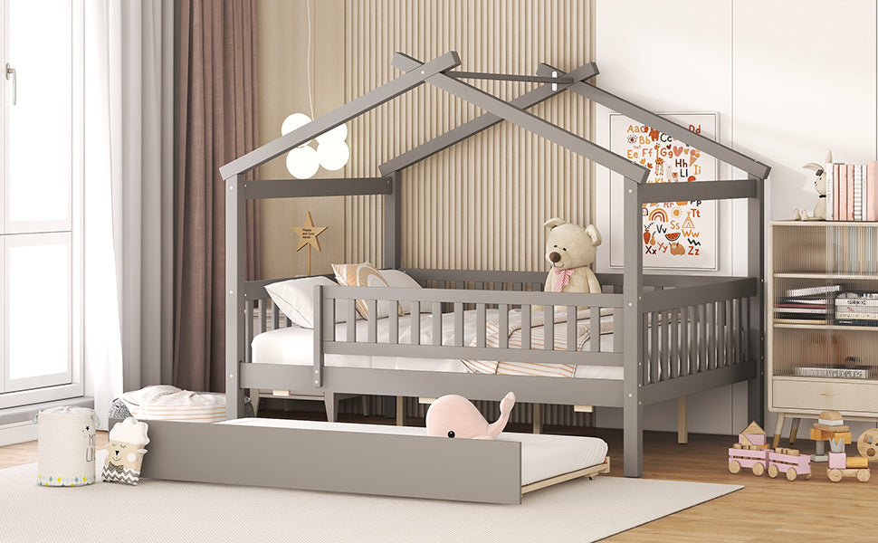 Full Size Wooden House Bed with Twin Size Trundle, Gray