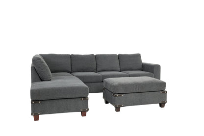 Living Room Furniture Charcoal Chenille Sectional w Ottoman Linen Like Fabric Sofa Reversible L/R Chaise Ottoman 3pc Sectional Sofa