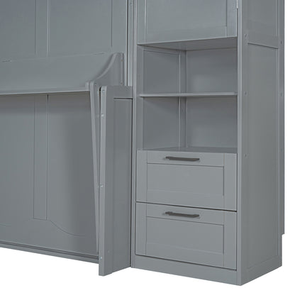 Queen Size Murphy Bed Wall Bed with Closet ,Drawers and Shelves,Gray