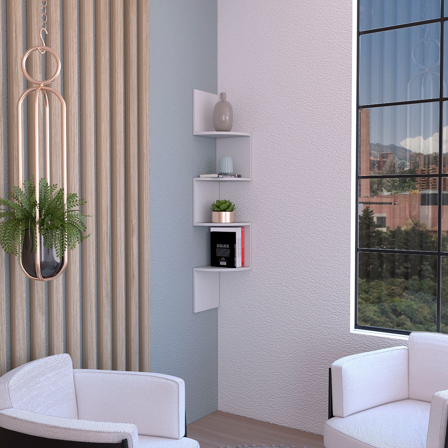 Roy Corner Floating Shelf, Modern 4-Tier Display, White