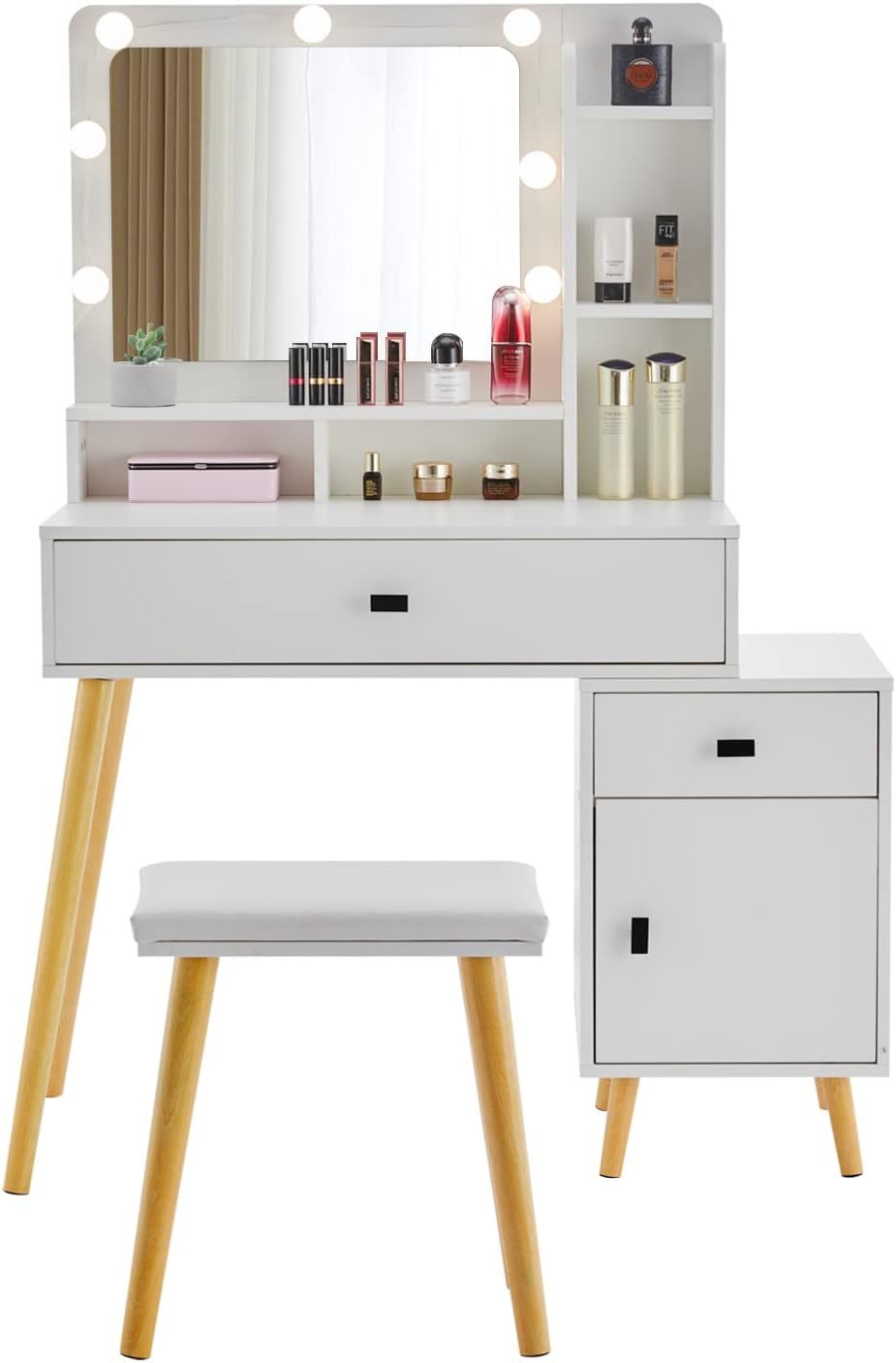 Dressing Table with Hollywood LED Mirror, Light Adjustable Brightness, Dressing Table, Padded Stool Set, White, Wooden Cosmetic Table with Drawer and Storage Cabinet