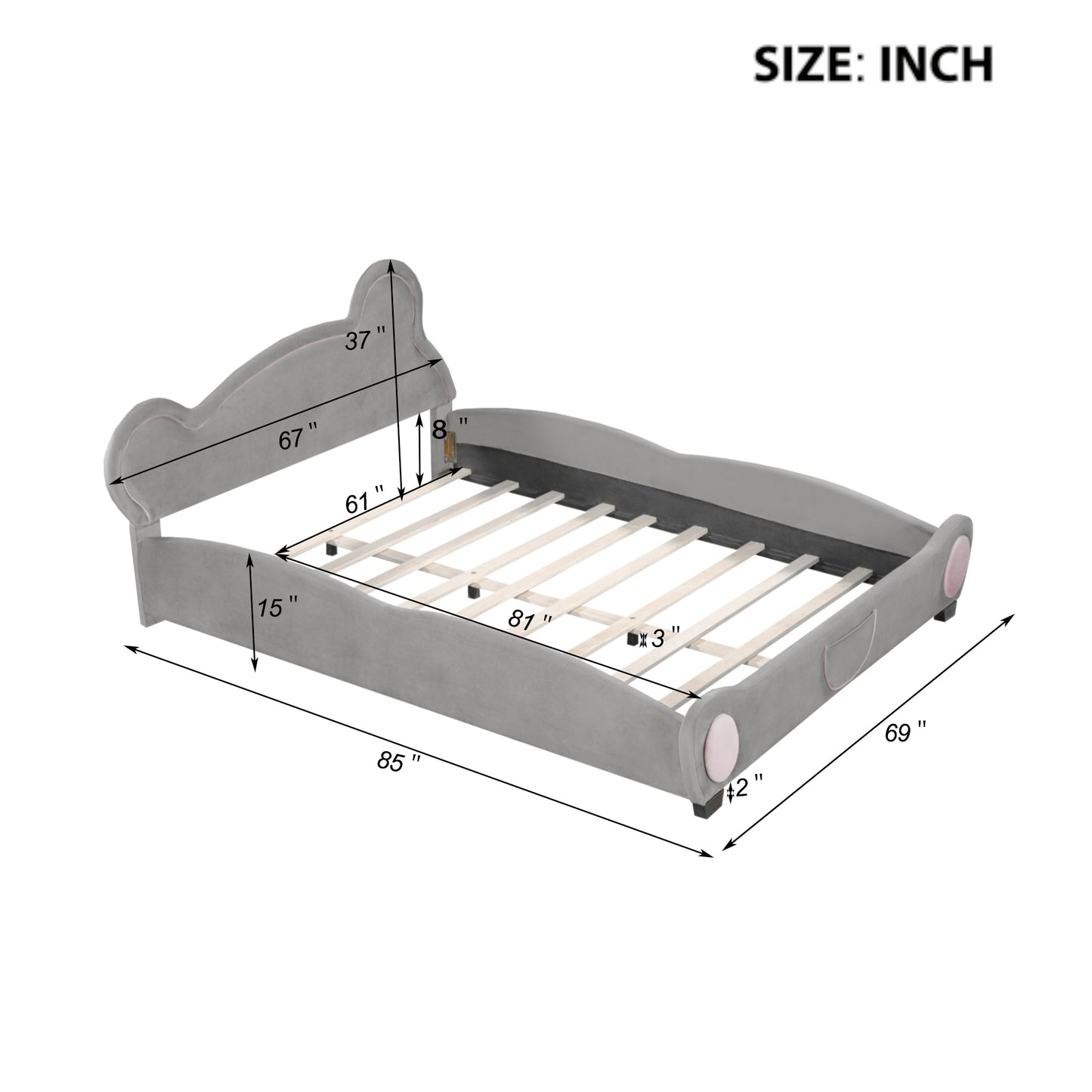 Queen Size Velvet Platform Bed with Bear-Shaped Headboard, with Bed-End Storage Pocket, Gray