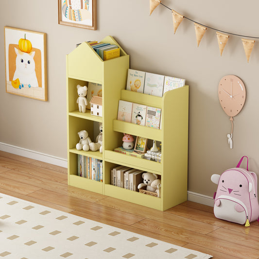 Yellow Kids Wooden Bookshelf Toy Storage Organizer with Bookcase, Kid's Bin Storage Unit with 6 Compartments 2 Baskets Bins Toys Box Organizer, Children Multi Shelf Cubby for Books, Toys Shelf