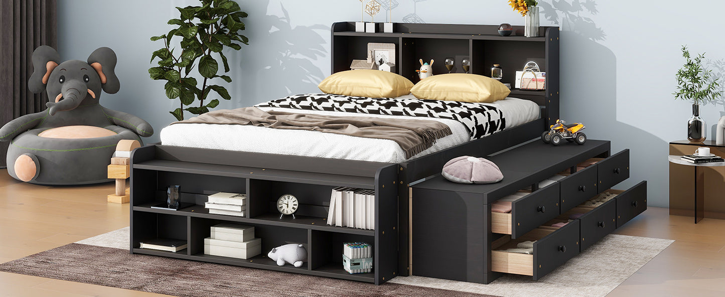 Full Bed with Bookcase Headboard, Under bed Storage Drawers and Bed End Storage Case,Espresso