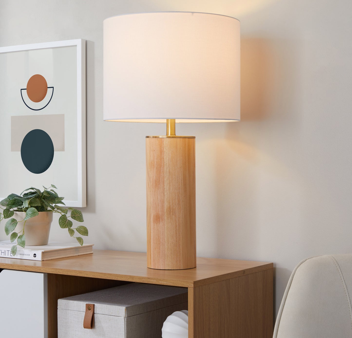 Cylinder Ash 27" Contemporary Wood Table Lamp in Ash Wood, Antique Brass, and White Linen by LumiSource