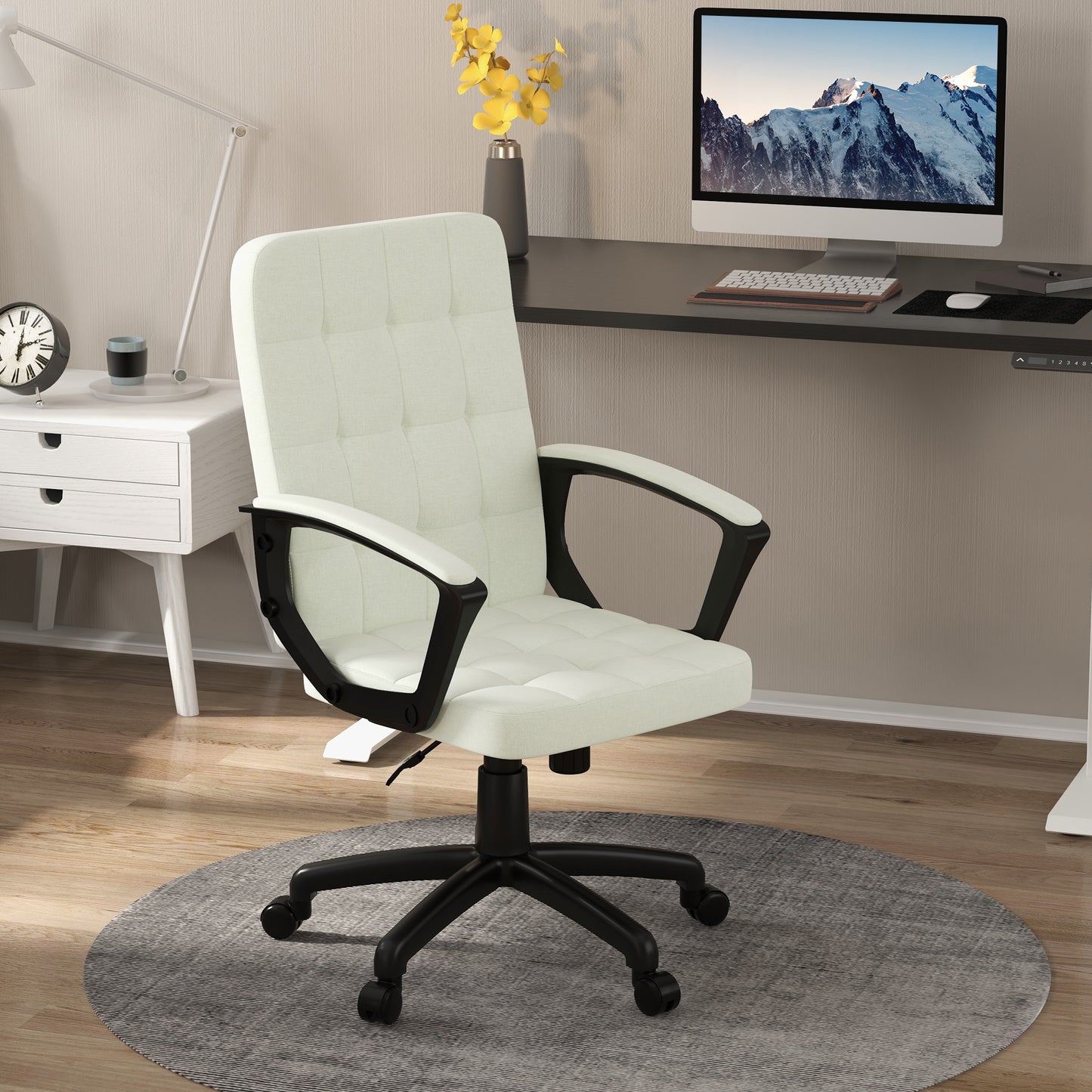 Fabric Office Chair, Computer Desk Chair, Swivel Task Chair with Arms, Adjustable Height, Swivel Wheels, Mid Back, Cream White