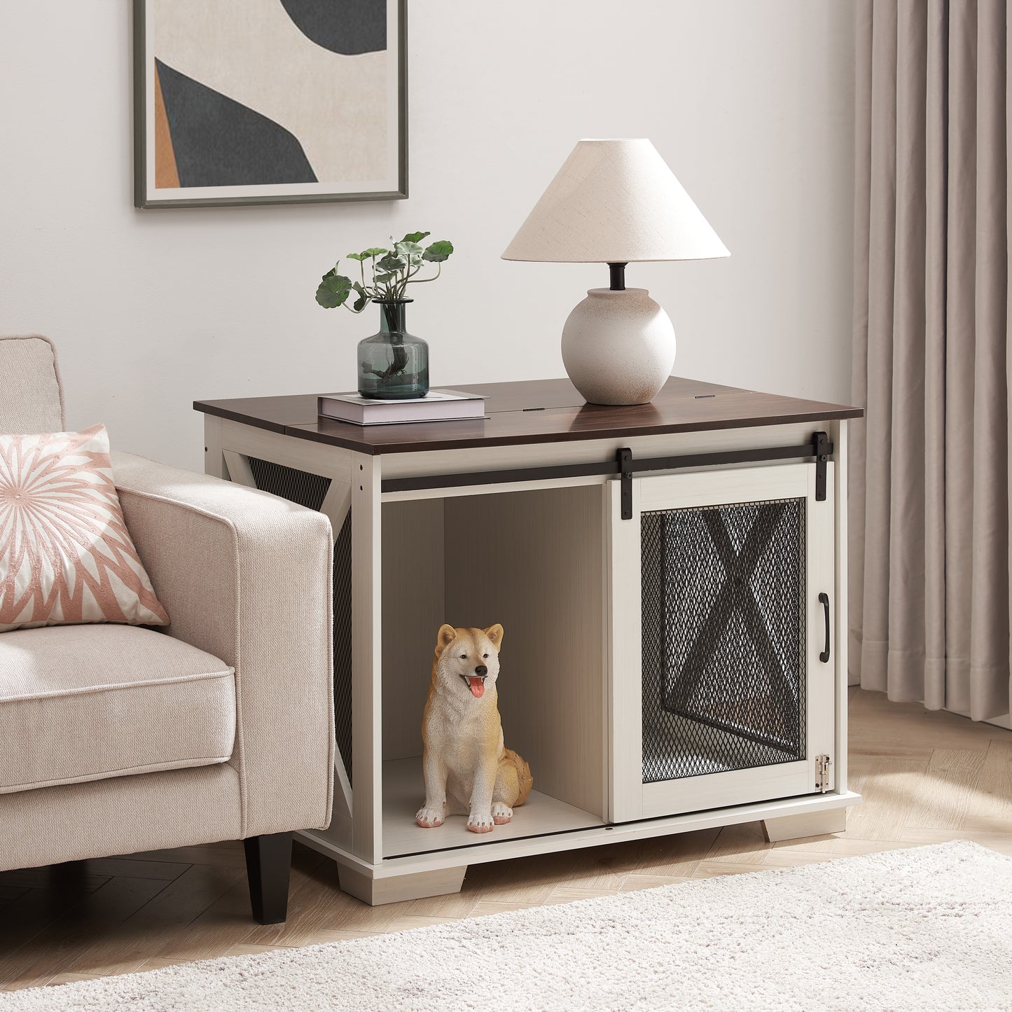 Farmhouse Dog Cage Crate Furniture with Sliding Barn Door,  Farmhouse Wooden Dog Kennel End Table with Flip-top Plate Dog House with Detachable Divider for Small/Medium/Large Dog White