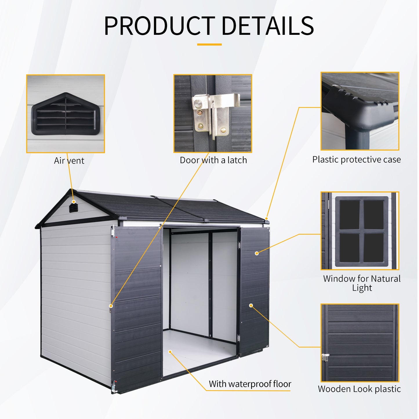 8 x 6 ft Resin Outdoor Storage Shed Waterproof Shed with Floor & Two Windows & Lockable Door, Tool Shed for Garden, Patio, Backyard,Grey White