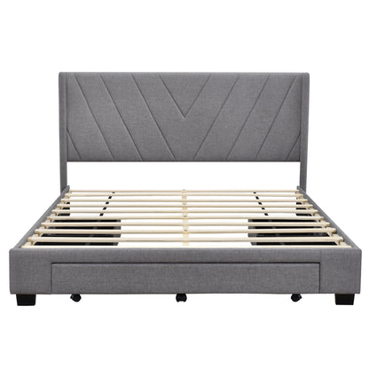 Queen Size Storage Bed Linen Upholstered Platform Bed with 3 Drawers (Gray)