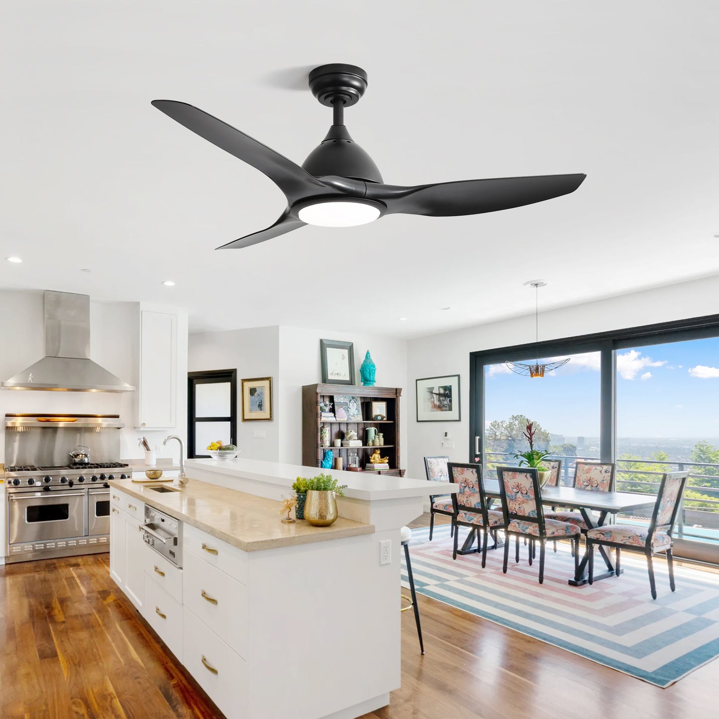 52 Inch Ceiling Fan with Light and 6-speed Remote Control 3 ABS Fan Blades Black for Bredoom Patio