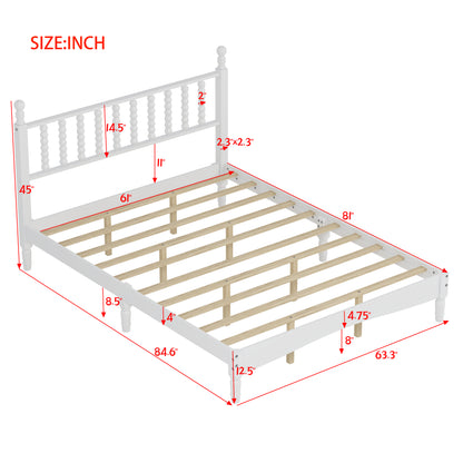 Queen Size Wood Platform Bed with Gourd Shaped Headboard,Retro Style Platform Bed with Wooden Slat Support,White