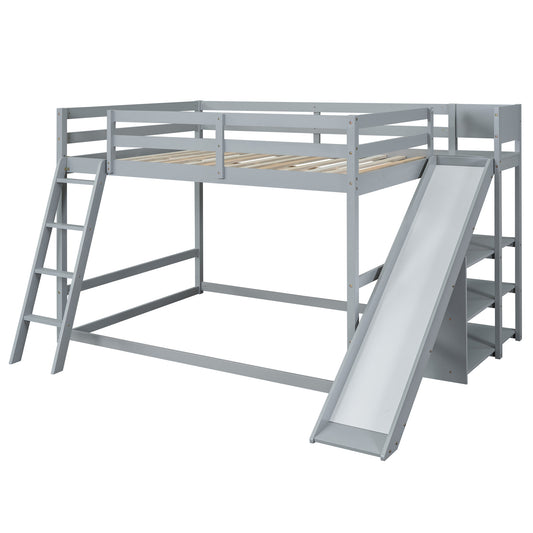 Gray Full Over Full Bunk Bed with Ladder, Slide, and Shelves - Pine Wood & MDF, 95.5''L x 76.7''W x 58.3''H