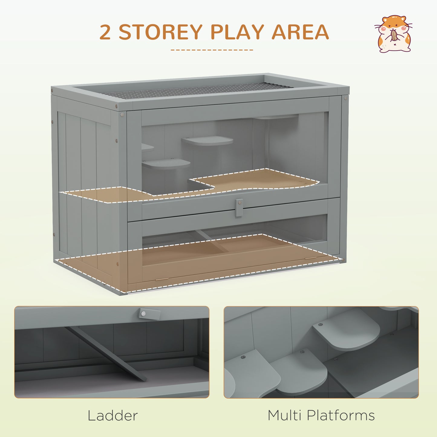 PawHut 2-Level Hamster Cage Mice and Rat House, Small Animal Habitat for Guinea Pigs, Chinchillas with Openable Top, Front Door, Shelf and Ladder, Gray