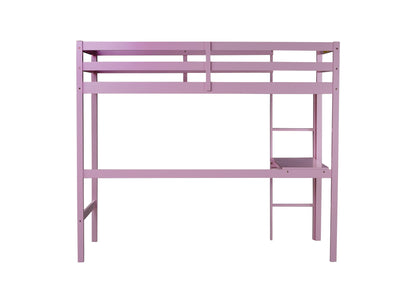 Twin High Loft Bed, Rubber Wood  Loft Bed with Safety Guardrail, built-in desk, ladder,Pink