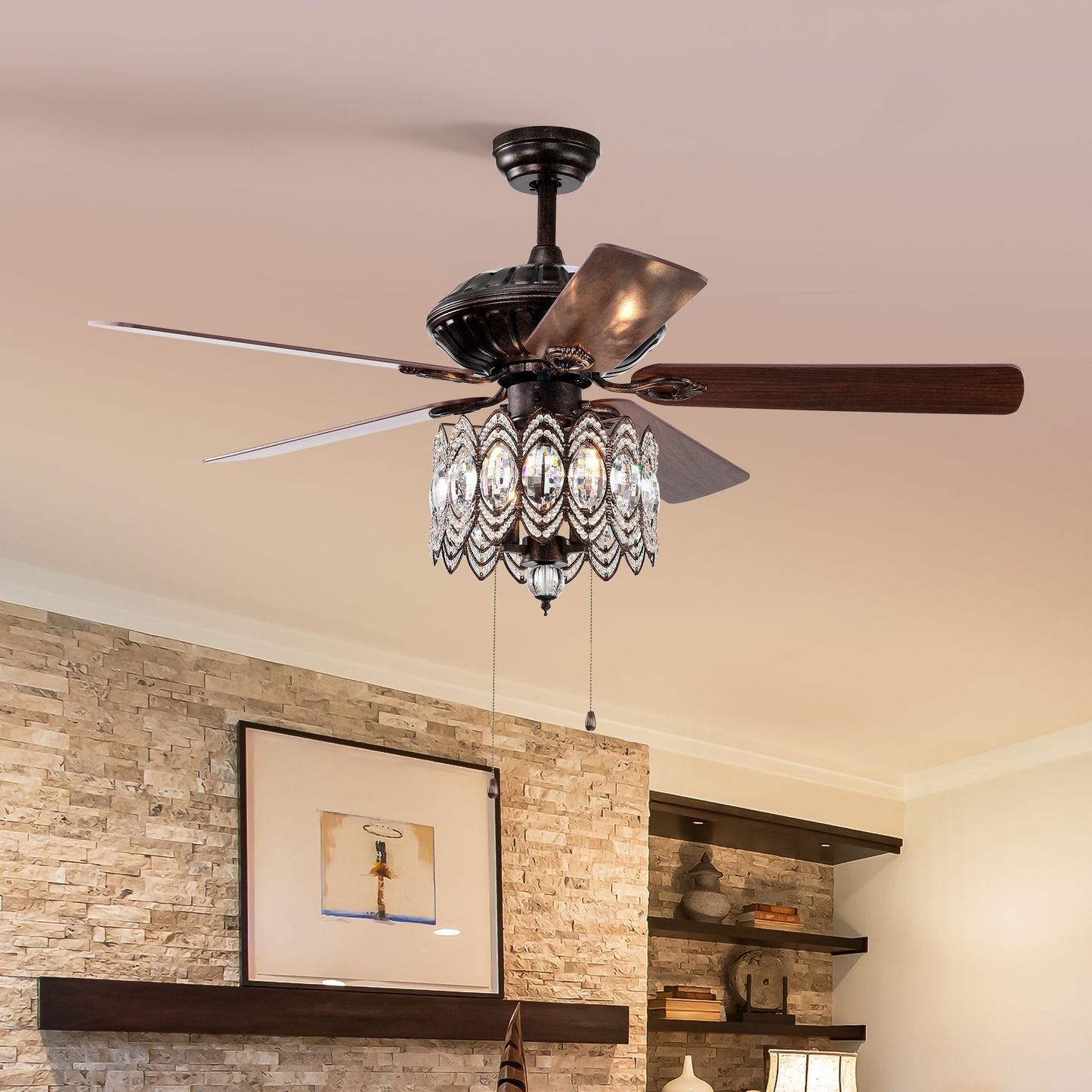 52'' Classical Crystal Ceiling Fan Lamp,3 Speed , 5 Reversible Blades for Living Room, Dining Room, Bedroom, Family Room, Rustic bronze ,3PCS*E12  (NO Include Bulb, Hand Pull Chain)