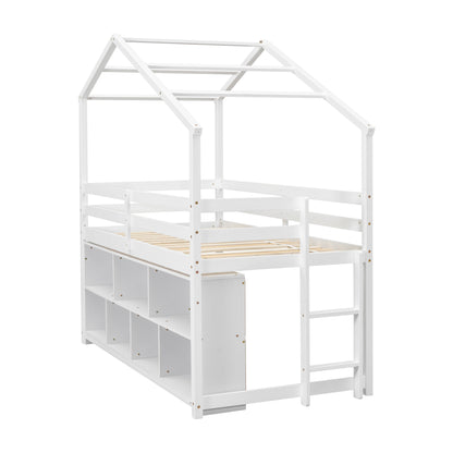 Twin House Loft Bed with Roof Frame, Under Bed Shelving Storage Unit, Guardrails, Ladder,White