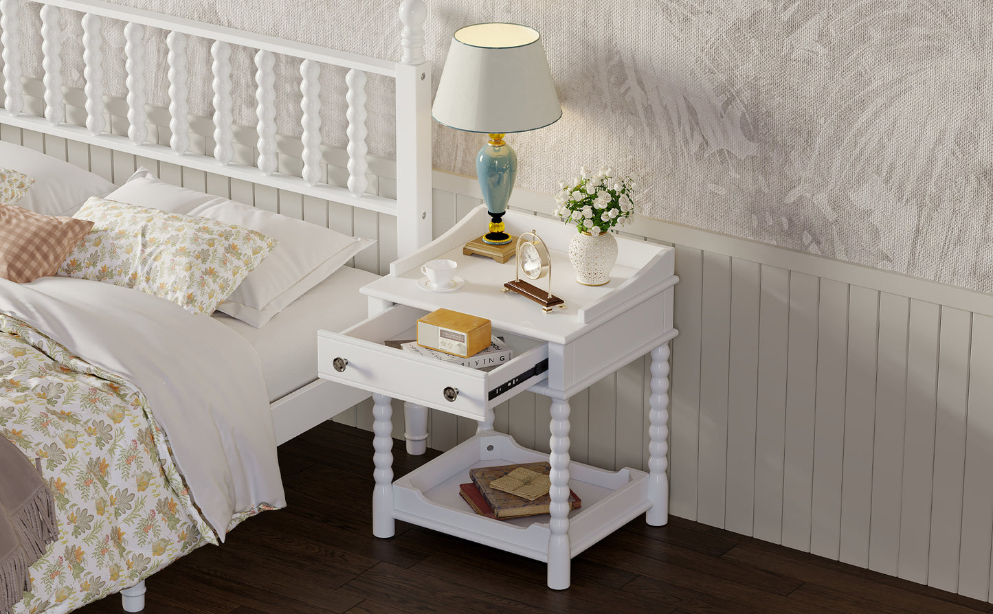 Retro Style Nightstand with Drawer and Open Shelf for Bedroom, Bedside Table with Turned Legs and Metal Handle,White