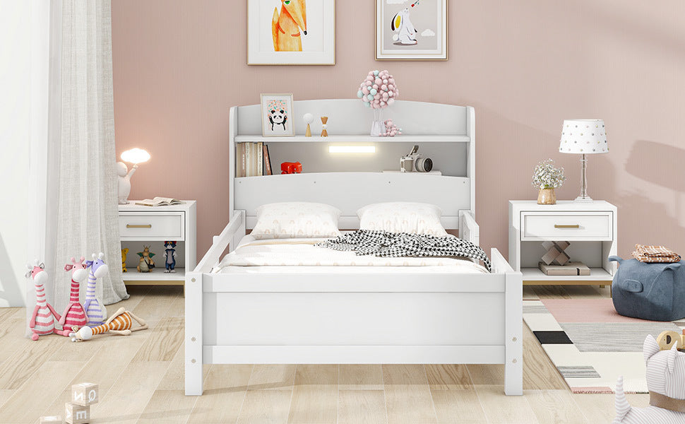 Wood Twin Size Platform Bed with Built-in LED Light, Storage Headboard and Guardrail, White