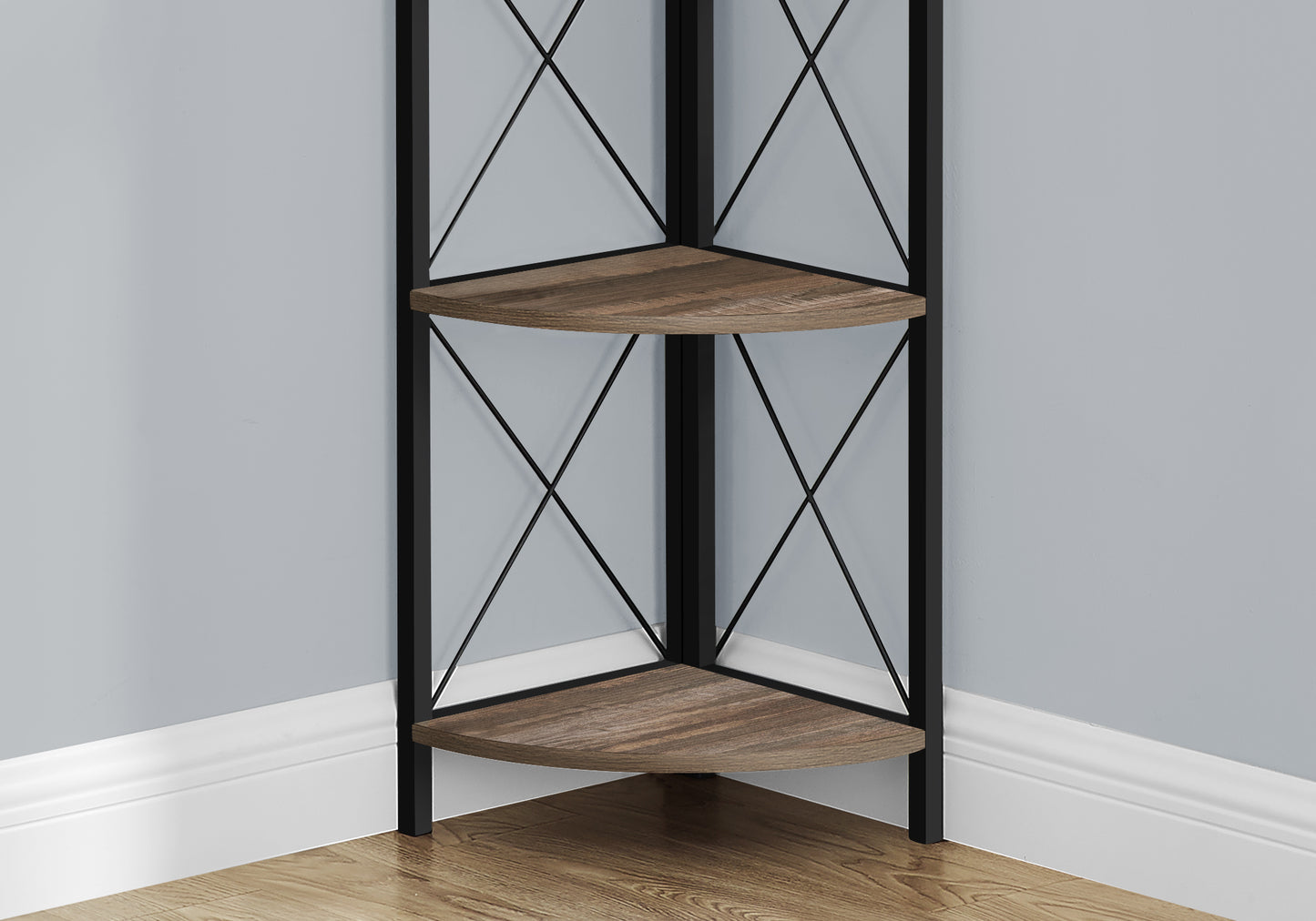 Bookshelf, Bookcase, Etagere, Corner, 4 Tier, 60"h, Office, Bedroom, Brown Laminate, Black Metal, Contemporary, Modern