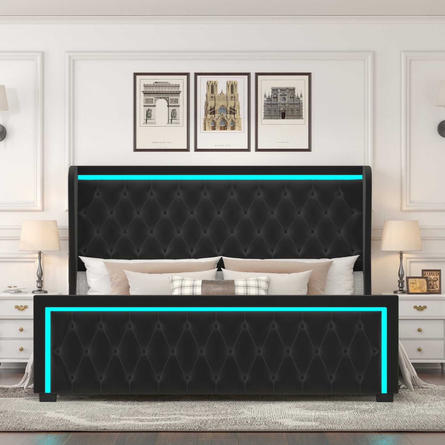 Queen Platform Bed Frame With High headboard, Velvet Upholstered Bed with Deep Tufted Buttons, Adjustable Colorful LED Light Decorative Headboard, Wide Wingbacks,BLACK