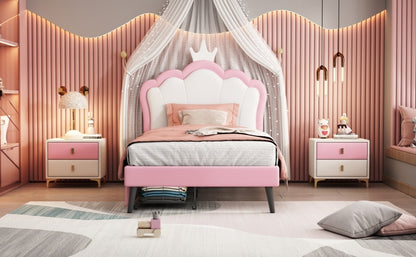 Twin Size Upholstered Princess Bed With Crown Headboard and 2 Drawers,Twin  Size Platform Bed with Headboard and Footboard,White+Pink