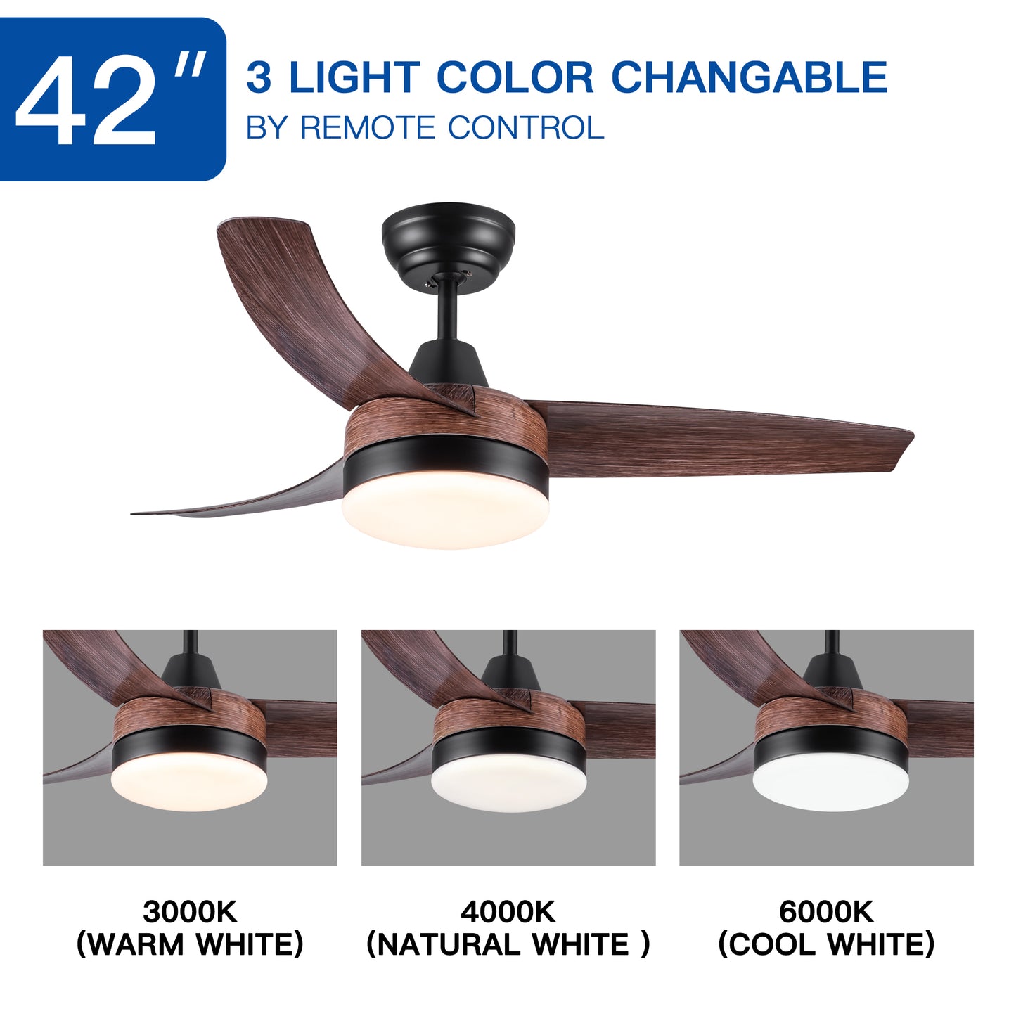 42 In Intergrated LED Ceiling Fan Lighting with Brown Wood Grain ABS Blade