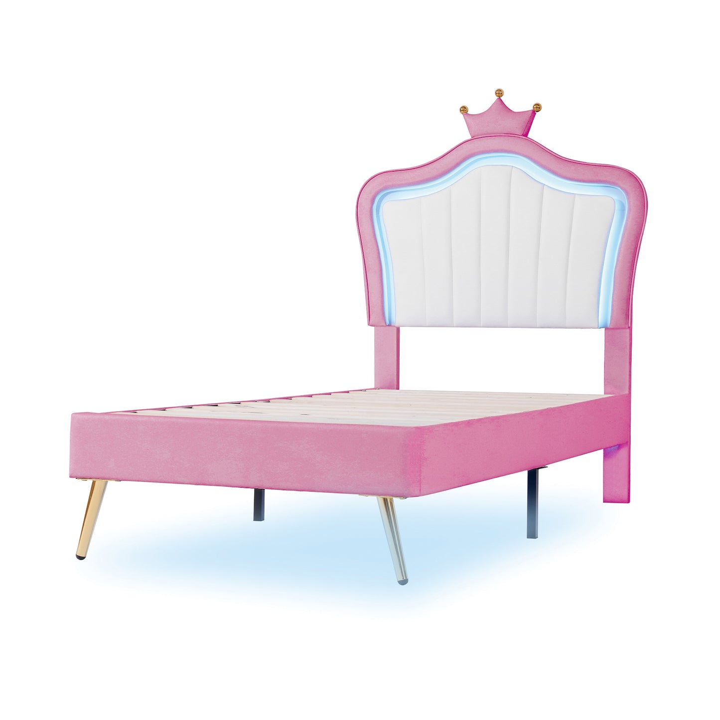 Twin Size Upholstered Bed Frame with LED Lights, Modern Upholstered Princess Bed With Crown Headboard,White+Pink