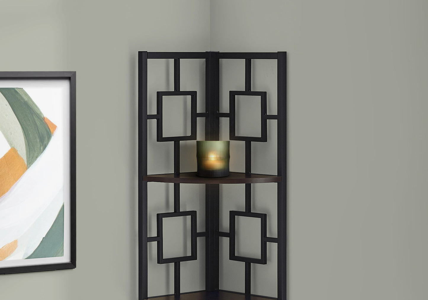 Bookshelf, Bookcase, Etagere, Corner, 4 Tier, 62"h, Office, Bedroom, Brown Laminate, Black Metal, Contemporary, Modern